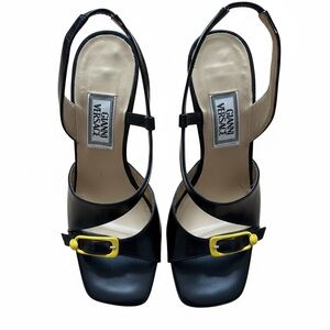 1990s Versace Black Leather Slingback Sandals with Yellow Buckle- vintage